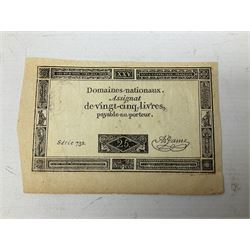 Five French Revolutionary period assignat notes (notes of this type were issued between 1789 and 1796), each mounted on paper