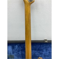 1962 Fender Precision bass guitar; re-finished in natural alder in the 1970s; impressed date code 5NOV62C to end of neck and serial no.90537 to back plate; L115.5cm; in replacement hard carrying case