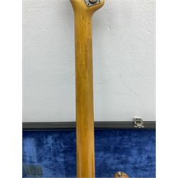 1962 Fender Precision bass guitar; re-finished in natural alder in the 1970s; impressed date code 5NOV62C to end of neck and serial no.90537 to back plate; L115.5cm; in replacement hard carrying case