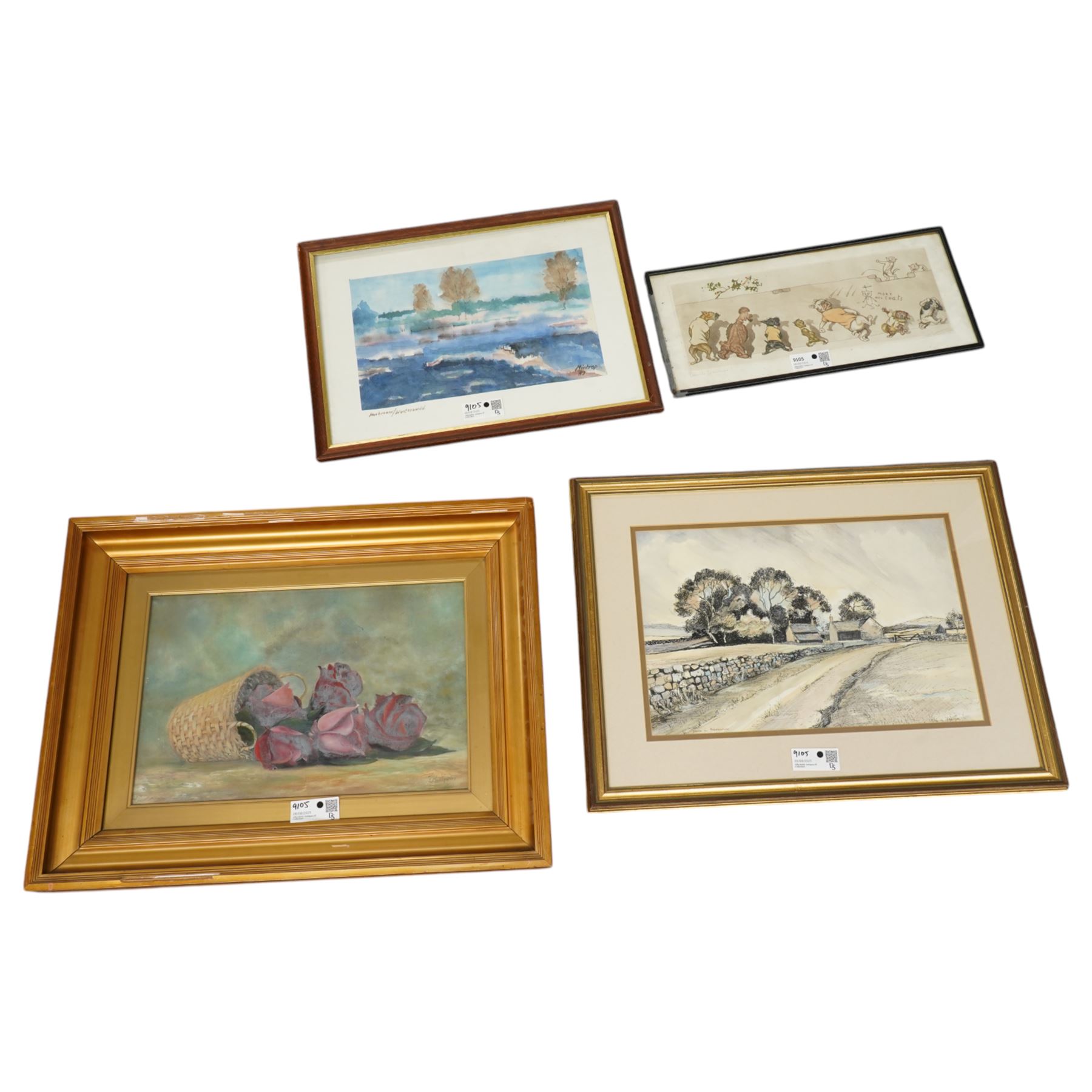 Flora Macleod still life of flowers; Janet Pearson pen and watercolour and Boris O'Klein dirty dogs of Paris (3)