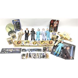 Set of five Thunderbirds Action figures H31cm; similar Captain Black and Hans Solo figures; small quantity of Star Wars toys and promotional Merchandise; boxed Lord of the Rings figures etc