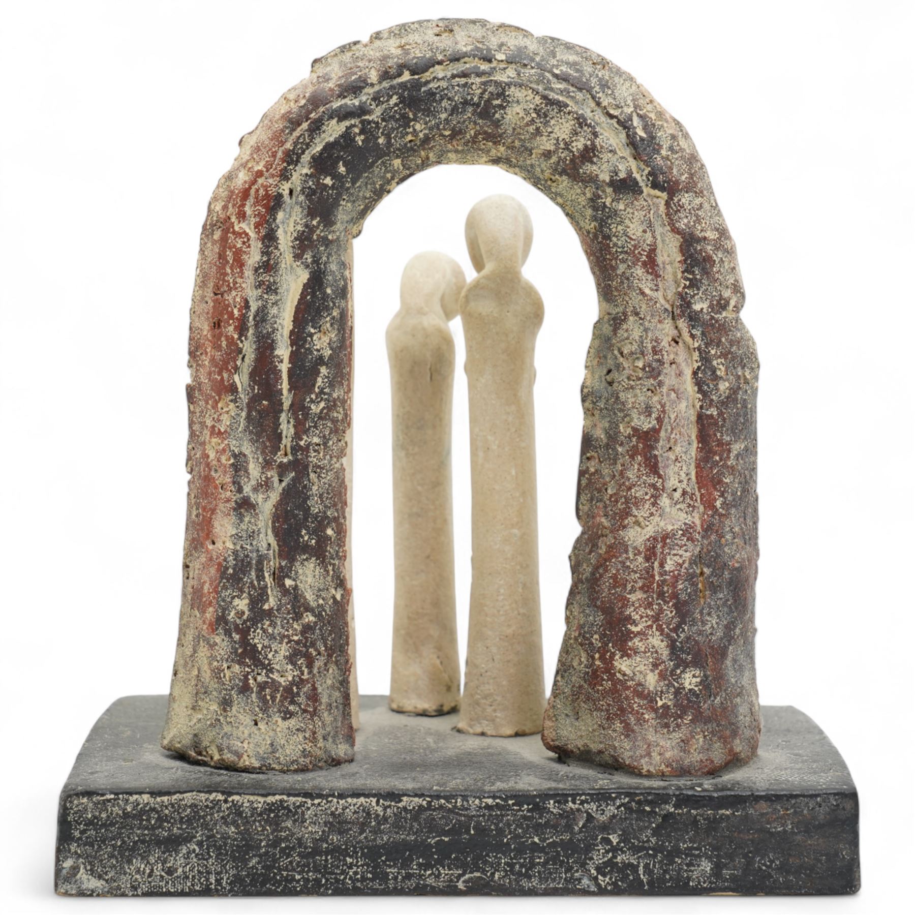 John Maltby (British 1936-2020): 'Three Figures and Archway', figural stoneware sculpture, signed titled and dated 2005 to base, impressed mark to front of base, W19cm H22cm
