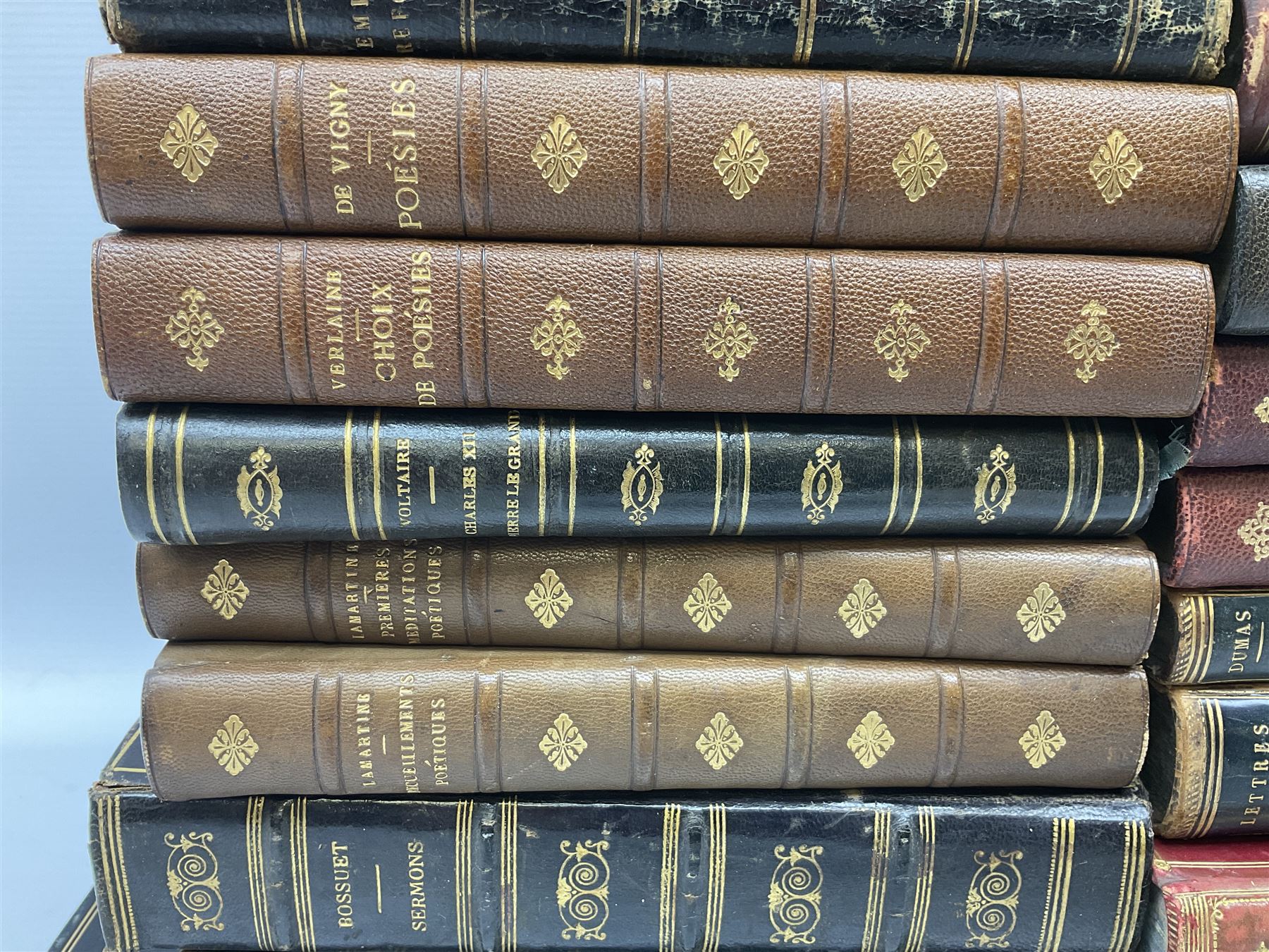 Twenty-seven 19th century leather bound books including The History of Napoleon Edited by R.H. Horne.1841; The Great Diamonds of the World by Edwin W. Streeter. 1882 Second edition; works by Voltaire; etc (27)