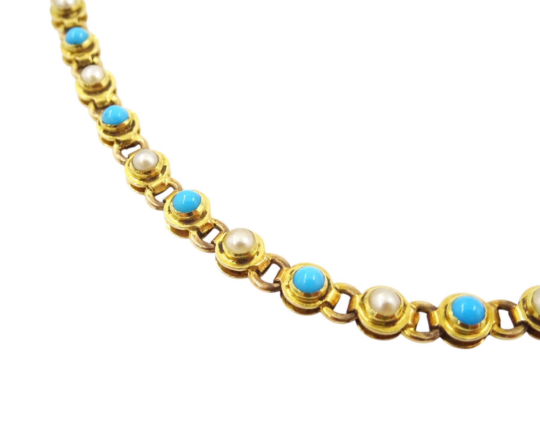 Early 20th century gold split pearl and turquoise necklace, stamped 15ct, in velvet and silk lined box by London & Ryder, New Bond Street