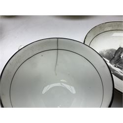 Early 19th century Staffordshire bat printed part tea service, decorated in black after Adam Buck with scenes of mother and child and other varying classical style scenes, within black bands, comprising teapot, slop bowl, jug, seven teacups and five saucers 