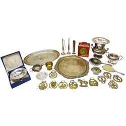 Assorted silver plate, horse brasses, AA car badge & other items