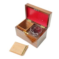 19th century mahogany tea caddy with covered interior and glass bowl, countersunk brass handle W23cm and a crossbanded mahogany sewing box (2)