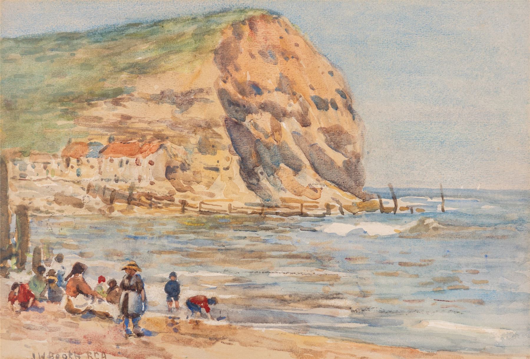 James William Booth (Staithes Group 1867-1953): Children on the Beach Staithes, watercolour signed 25cm x 36.5cm