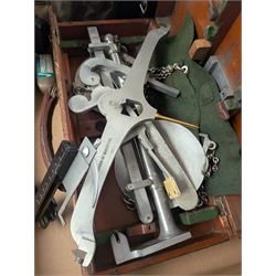 Sigma Multi Telemax 1:2.8 f=135mm lens, a set of DE Grave 7lb scales with County Borough of Blackpool scales in mahogany box and a Vickers Instruments microscope