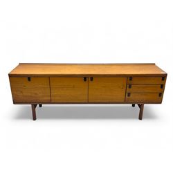 White & Newton - mid-20th century teak sideboard, rectangular top with raised back over fall-front storage compartment, double cupboard and three drawers, raised on cylindrical supports