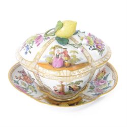 19th century Helena Wolfsohn for Dresden quatrefoil lidded bowl and stand, the panels deco...