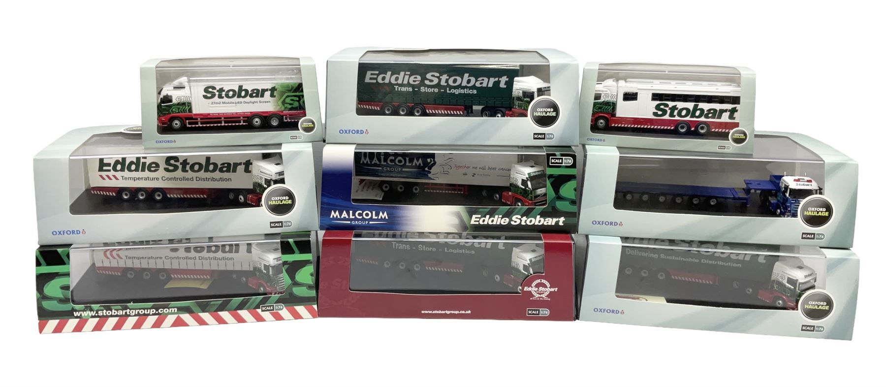 Oxford Die-Cast Eddie Stobart - nine various lorries in the Oxford Haulage series including special and limited editions; all in perspex display cases and boxes (9)
