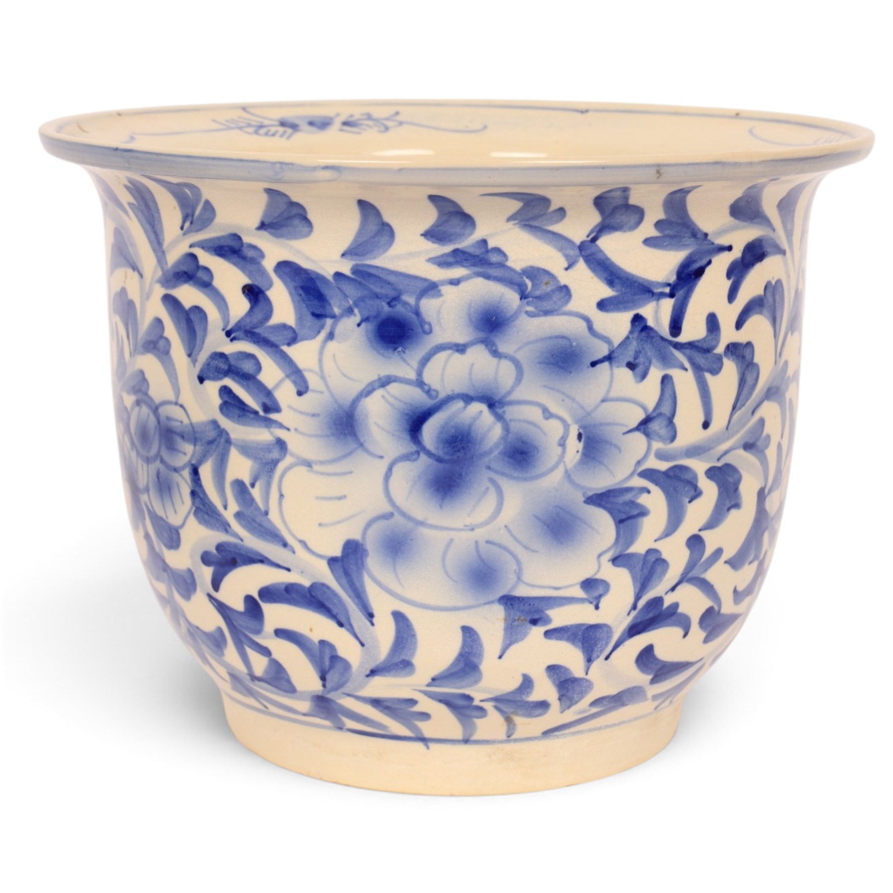 Graduating pair of jardinieres, decorated with peonies amongst foliage, largest H25cm, D32cm 