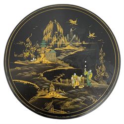 Early 20th century Chinoiserie lacquered circular occasional table, raised gilt decoration depicting traditional landscape scenes, on cabriole supports