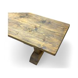 Barker & Stonehouse - contemporary 'Newsham' reclaimed oak dining bench, rectangular plank seat over twin pedestal supports with shaped bases, finished in weathered grey wax