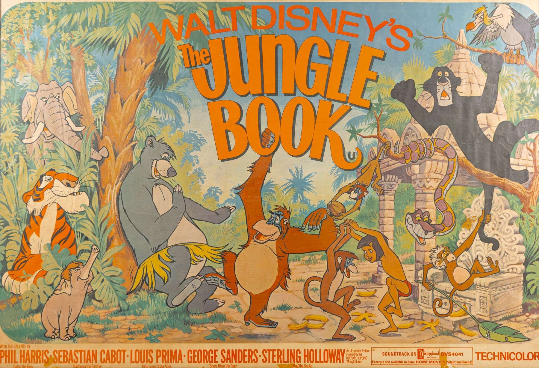 Original 1970s Walt Disney Jungle Book film poster, framed, H66cm, W98cm
