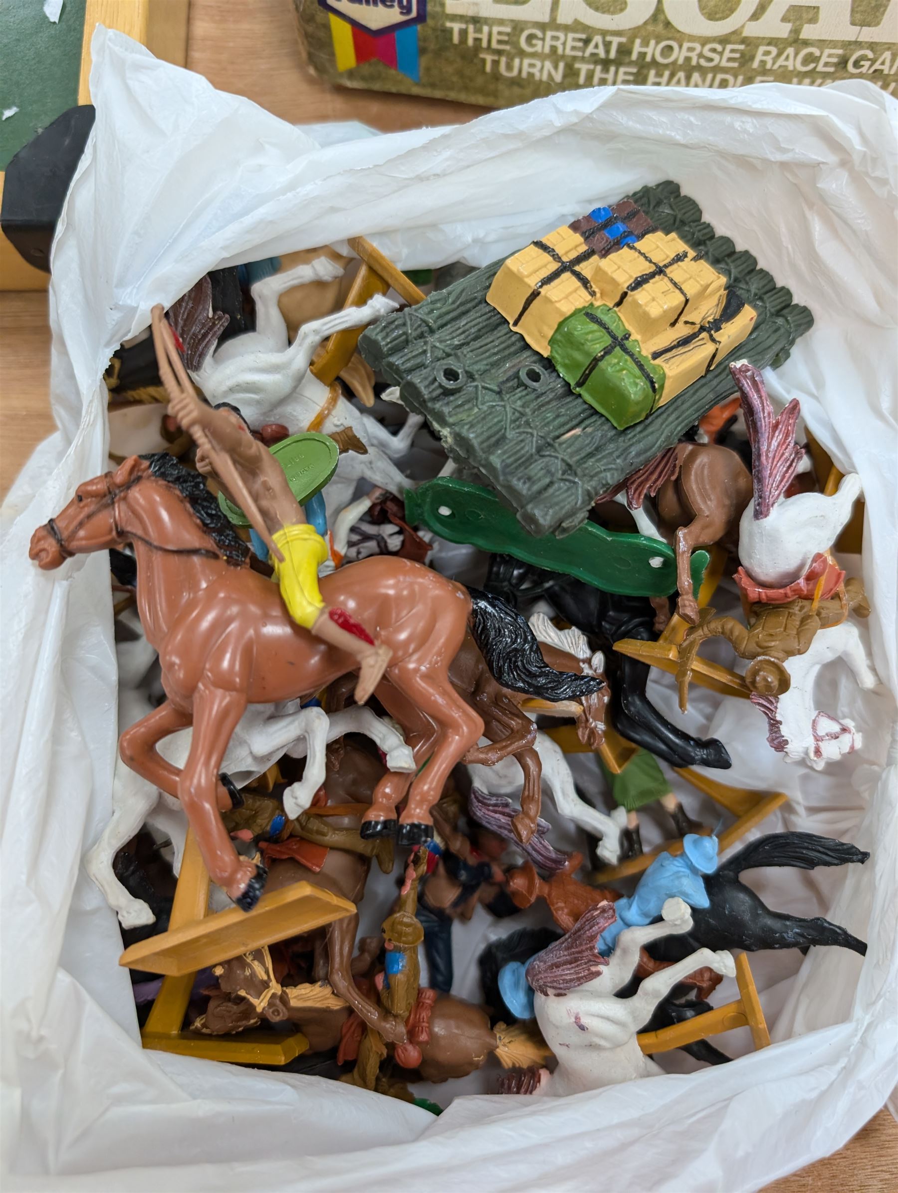 Kay of London table top skittles game, collection of plastic toy figures including Britains examples and a boxed Chad Valley Escaldo game