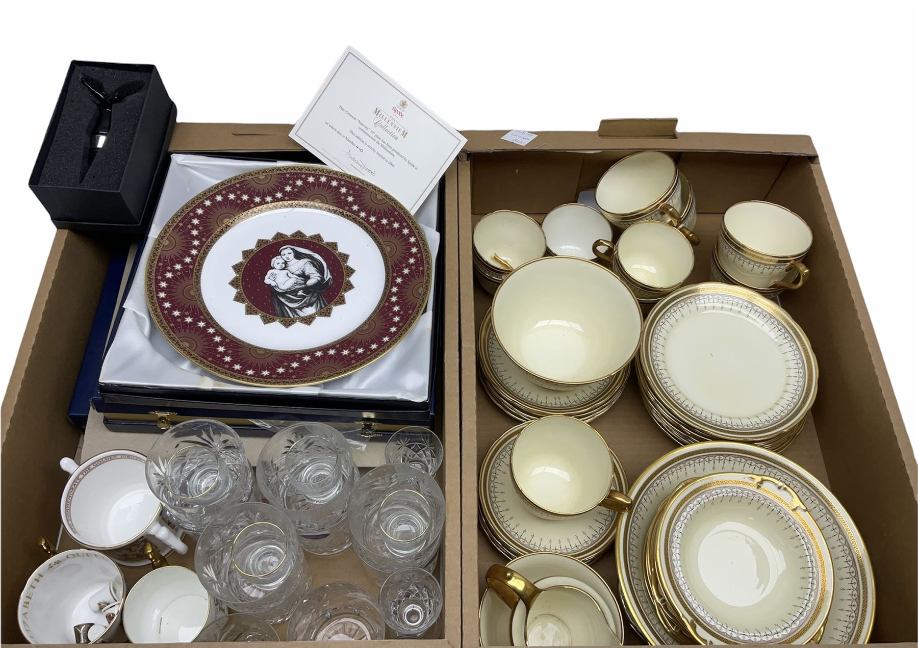 Grosvenor part tea set, together with limited edition boxed Spode ;The Millennium Collection' plate, two limited edition cased Spode 'The Queen Mother's Plate' plates, three Royal Commemorative loving cups, and a selection of drinking glasses of various size and form, in two boxes 