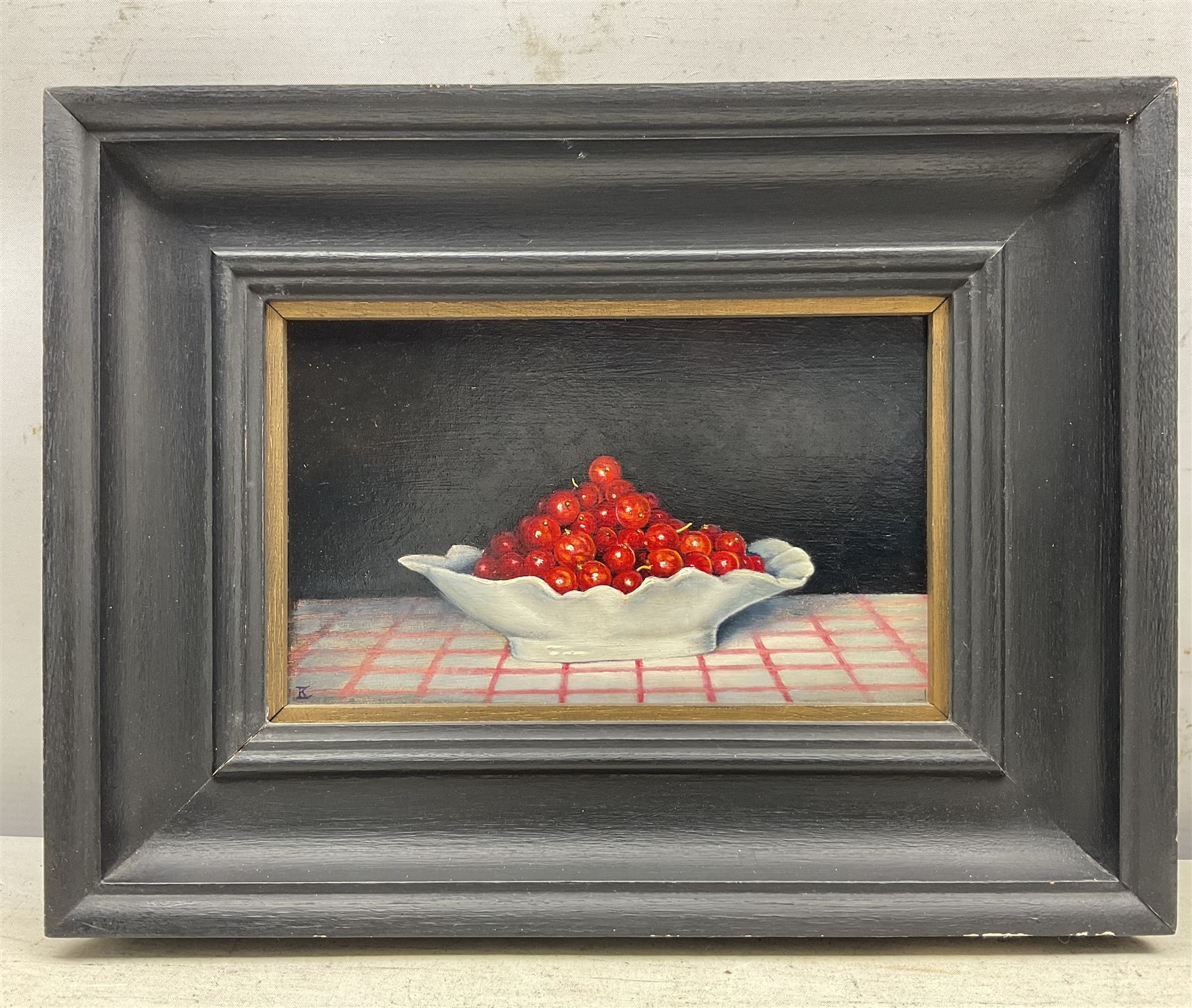 Elisabeth Klein (Contemporary): Pears and Redcurrants, two oils on board signed with monogram, max 13cm x 21cm (2)