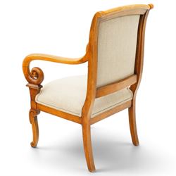 Pair of French Empire design fauteuil armchairs, high back over scrolled arm terminals, upholstered in cream fabric, on scroll carved cabriole supports