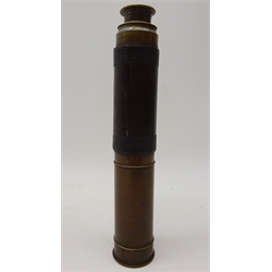  Early 20th century brass three-draw Telescope with leather cover & sunshade, L88.5cm max  