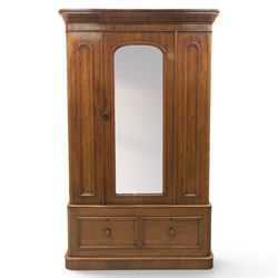 Victorian mahogany wardrobe, enclosed by single mirror door, two drawers to base