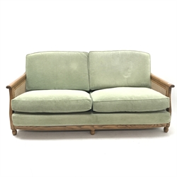 Ercol elm Bergere three seat sofa, Golden Dawn finish (W185cm) and matching armchair (W91cm)