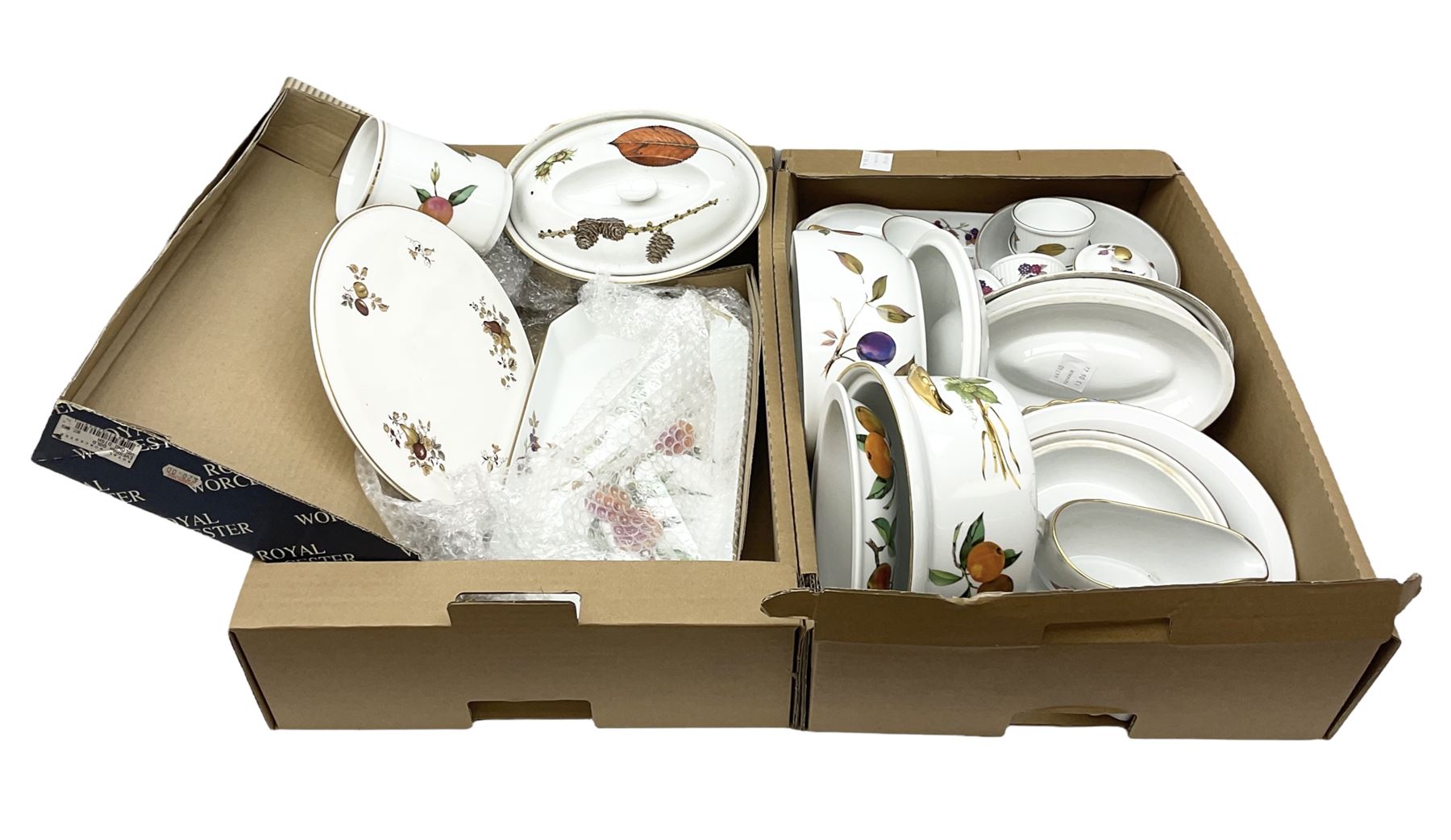 Royal Worcester Evesham pattern dinner wares, to include covered tureens, open dishes, sauce boat, cake stand etc, in two boxes 