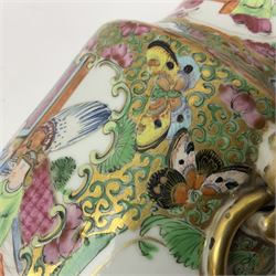 19th century Chinese Canton famille rose vase, converted to a table lamp, of shouldered cylindrical form, with twin gilt lion mask ring handles, the body decorated with four alternating panels of figural scenes and birds and insects, H31cm excluding fitting