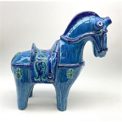 Aldo Londi for Bitossi, Rimini Blu pottery horse, with having incised decoration, marked beneath, H31cm.