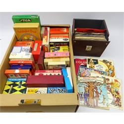  Collection of vintage games and sets Arrco Poker Chips, Bridge, Pit, Paddington Bear Buzzle Block and others, Film Splicer, View Master, 1980's 45rpm records in case, Guitar Players books, The Aircraft Recognition Manual and other books & miscellanea in two boxes  