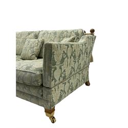 Three-piece hardwood-framed lounge suite - large two-seat Knole sofa with drop ends, upholstered in patterned fabric decorated with urns and foliage (W190cm, D117cm, H88cm); armchair upholstered in contrasting geometric pattern fabric (W83cm, D102cm, H93cm); and another armchair (W82cm, D102cm, H92cm) (3)