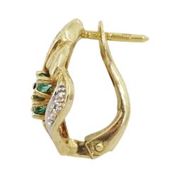 Pair of gold emerald and diamond stud earrings and a gold emerald and diamond bar brooch, both hallmarked 9ct 