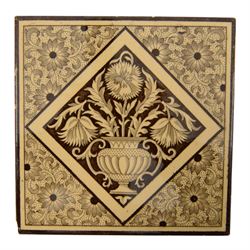 Set of fourteen late 19th century Aesthetic movement six inch dust pressed tiles, each printed with central lozenge containing an urn of flowers, surrounded by flower heads and tendrils, in brown and buff