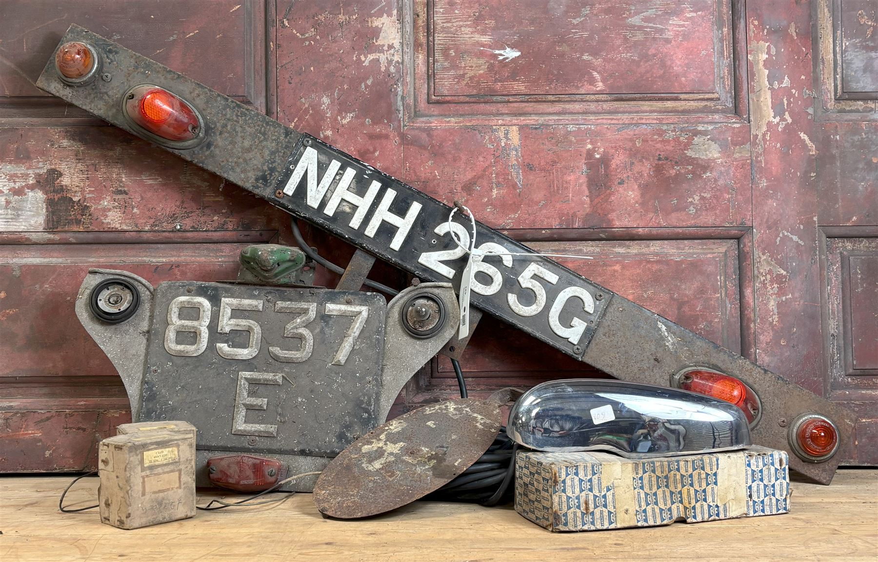 Two early motoring number plate / light boards, some vintage boxed side light bulbs, etc.  - COLLECTION BY APPOINTMENT FROM: The White House, Thirsk Road, Easingwold, York, YO61 3NF - CALL 01723 507111 TO ARRANGE