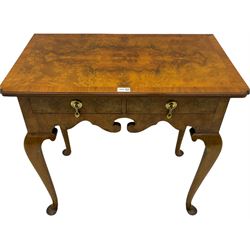 Queen Anne style figured walnut lowboy, moulded rectangular top with band,  over shaped apron fitted with two drawers, on cabriole supports