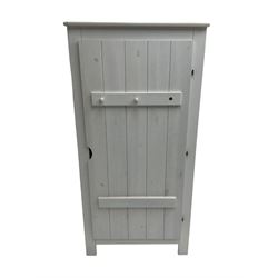 White dormitory style wardrobe, single door with hooks, on square feet