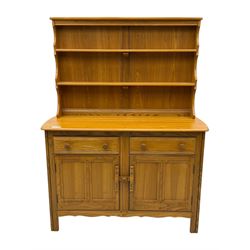 Ercol - golden dawn light elm dresser, plate rack above two drawers and two cupboard doors with sliding wooden lock mechanism 