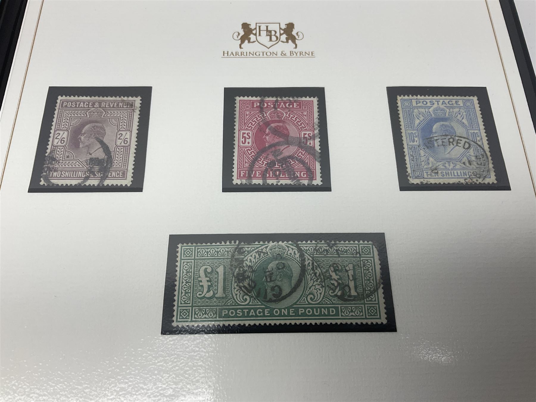 Great Britain King Edward VII one pound green stamp, two shillings sixpence purple, five shillings red, ten shillings blue etc, forming 'The United Kingdom King Edward VII Complete Stamp Collection', all used, previously mounted, housed in a Harrington and Byre folder