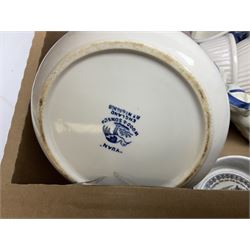 Large collection of blue and white ceramics, to include Spode Italian pattern with blue mark, Wood and Sons Yuan, pickle dish, Delft style etc, dinner plates, tea wares, bowls etc in six boxes