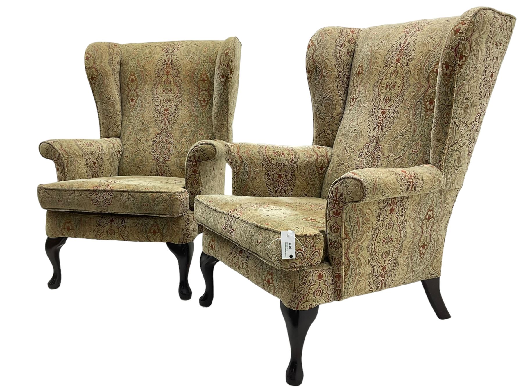 Parker Knoll - 'Burghley' pair of wingback armchairs, upholstered in 'Baslow Medallion' gold floral pattern fabric