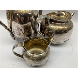 Elkington & Co. silver plate tea set, consisting teapot, coffee pot and milk jug, with engraved foliate decoration and a beaded edge