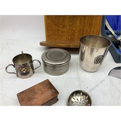 Collection of silver and silver plate, to include silver handled button hook, hallmarked Birmingham 1904, silver handled part vanity set, hallmarked, silver plated tyg etc, together with a wooden spoon holder