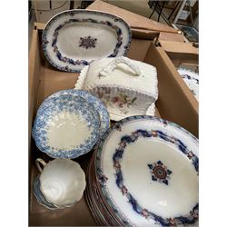 Quantity of Victorian tea and dinner wares to include dinner plates, meat plates and lidded tureens stamped ‘Australian W B’, blue floral tea wares stamped ‘Alton England’ and cheese dome etc