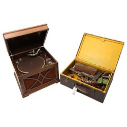 HMV wind up gramophone in oak case and a tool box and contents