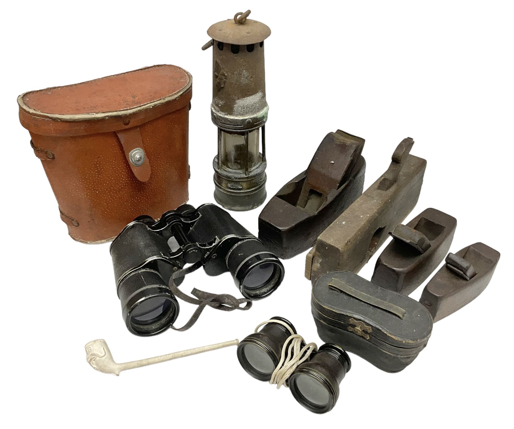 Pair of Lemaire Fabi of Paris mother of pearl opera glasses, together with Ajax 10 x 50 Ajax binoculars, four wooden planes, mining lamp and clay pipe 