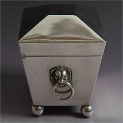 Early 20th century silver tea caddy, of sarcophagus form with twin lion mask mounted loop handles, upon four bun feet, hallmarked William Hutton & Sons Ltd, Birmingham 1913, H8cm, W9cm