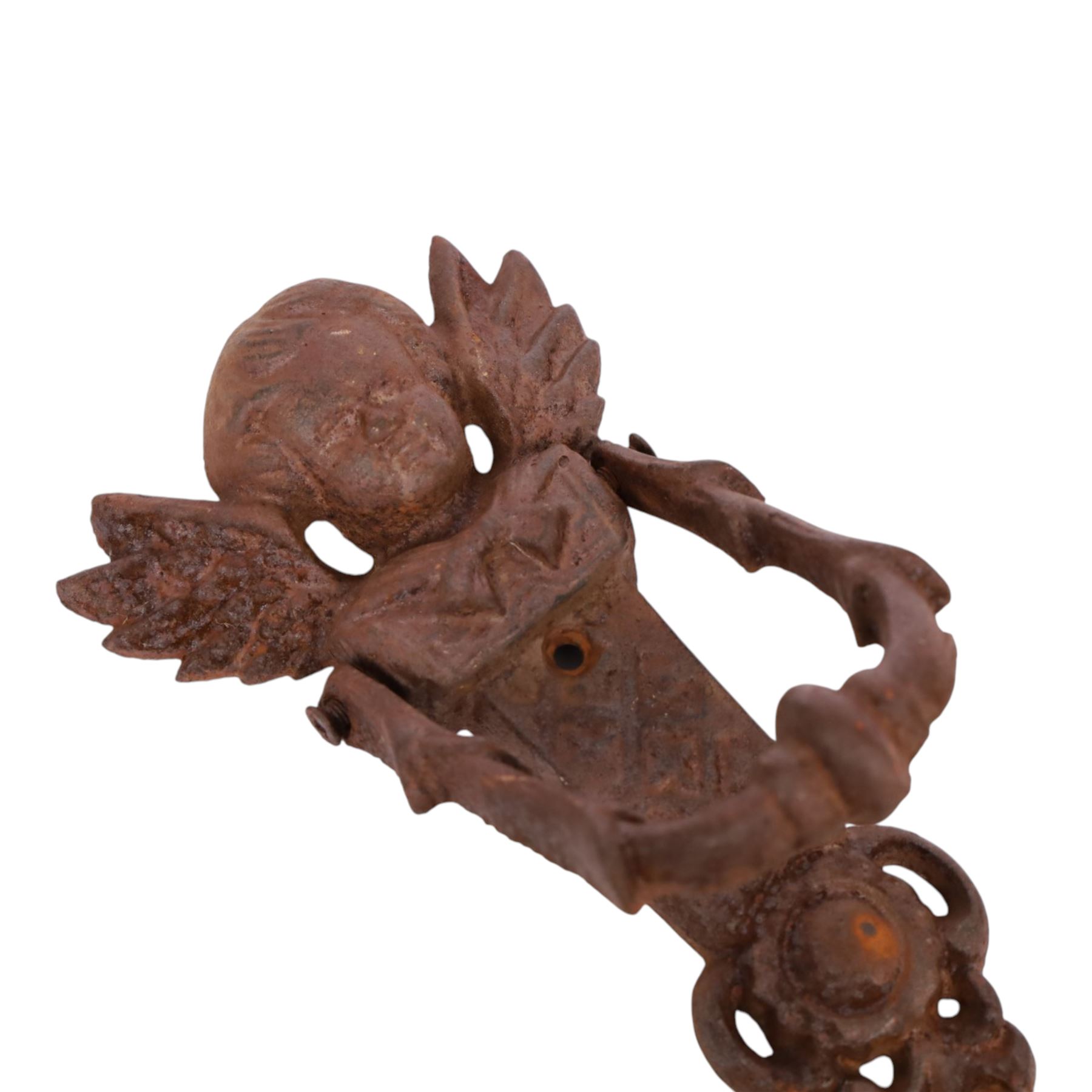 Cast Iron door knockers, surmounted with a chrub, H20cm 