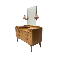 G-Plan - 'Brandon' oak dressing chest, mirror back over two trinket drawers, fitted with two short over single long drawer, raised on splayed tapered supports