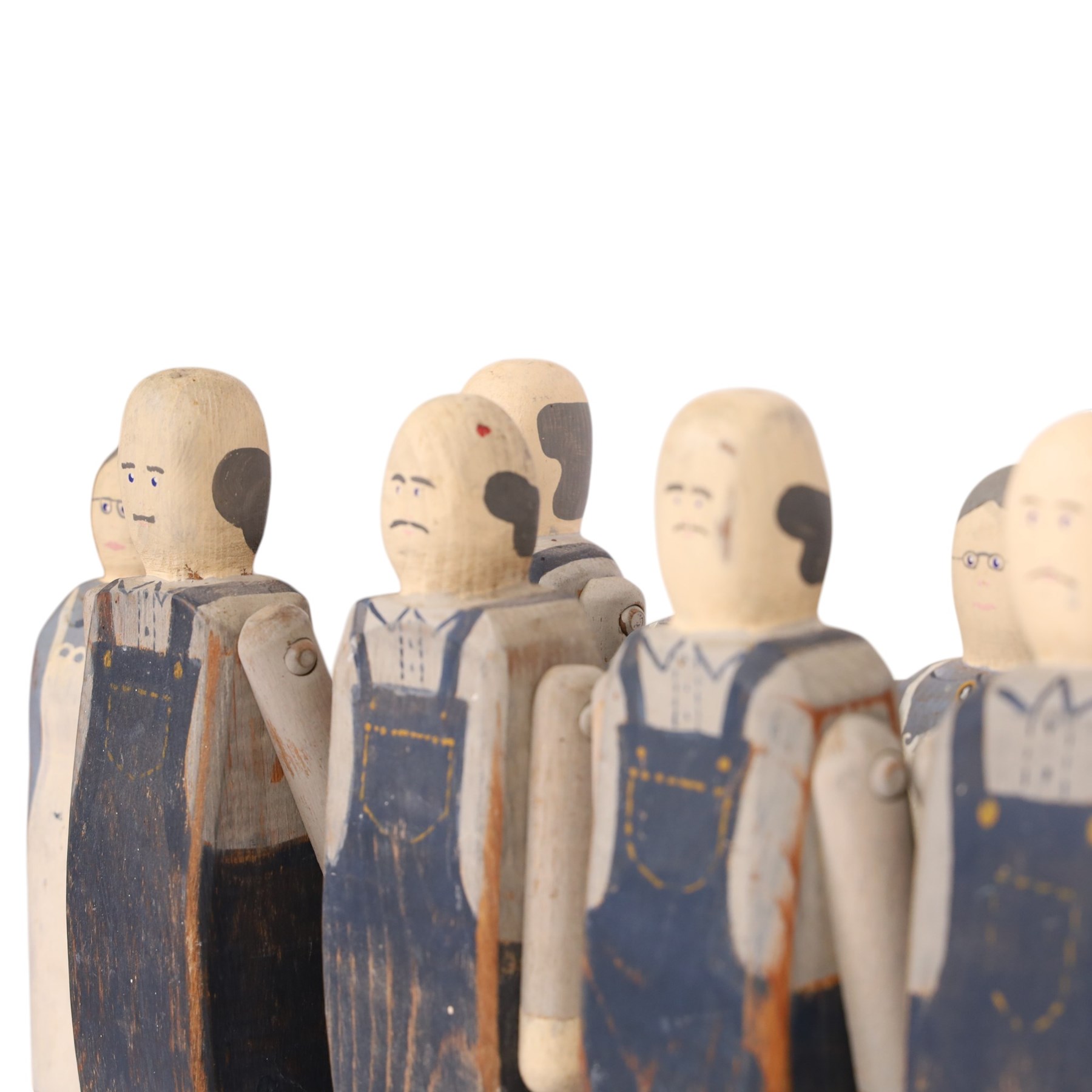 American Folk art figures with articulated arms, by Wolf Creek, makers mark and signatures beneath   